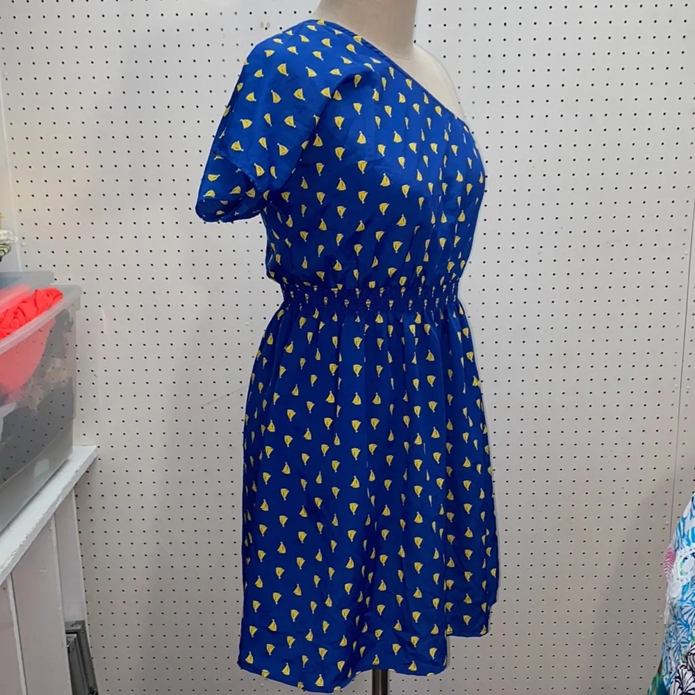 NWT Francesca’s Collection One Shoulder Yellow Sailboat Small Blue Dress - Picture 9 of 10